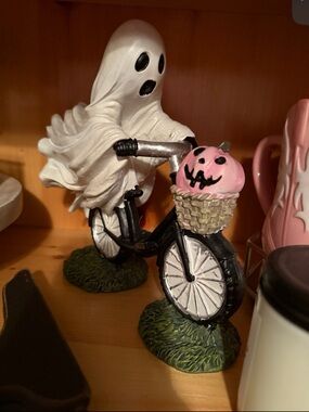 Ghost on Bike Halloween Figurine with Pink Pumpkin